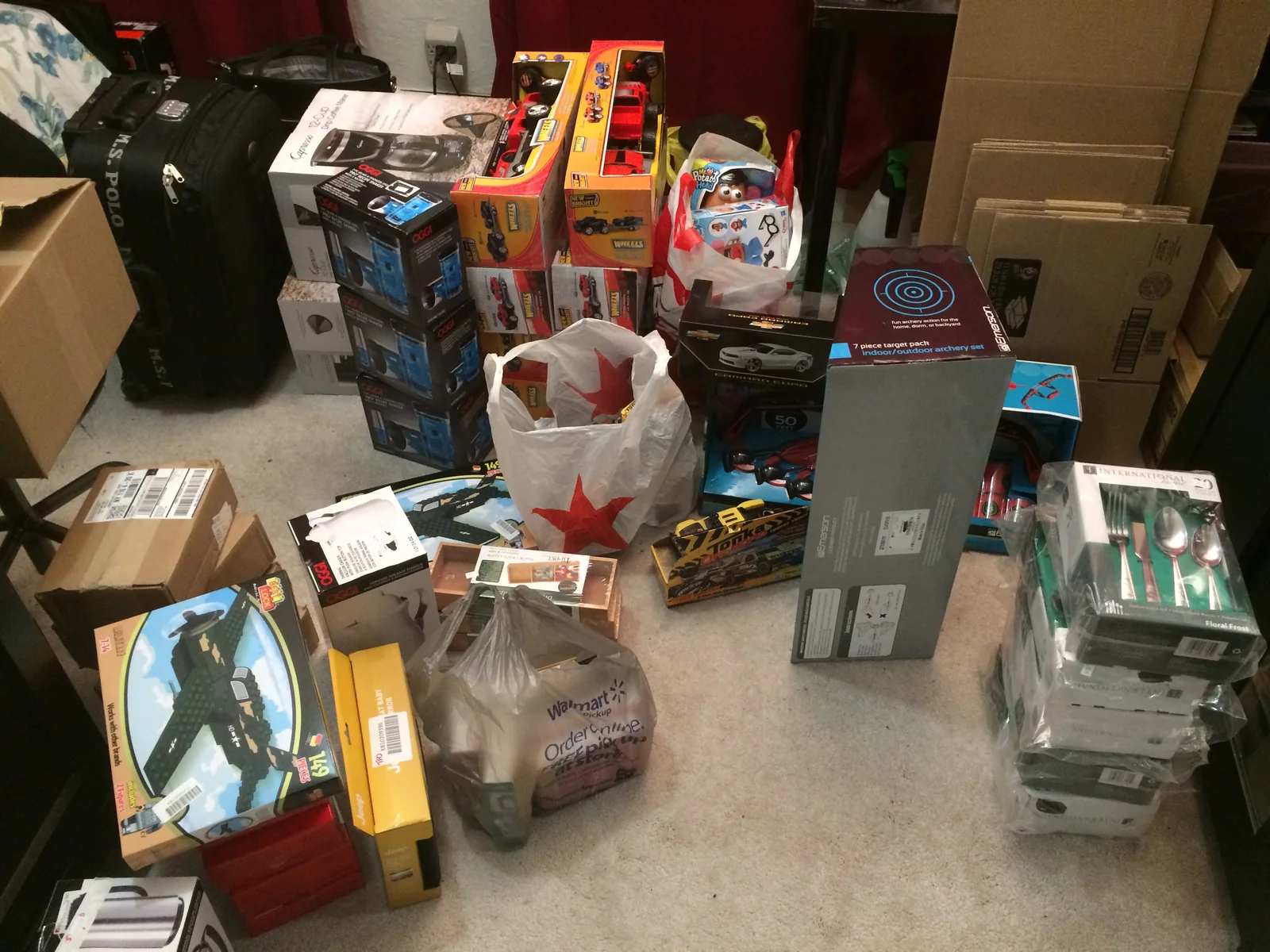 An early collection of product inventory organized at home